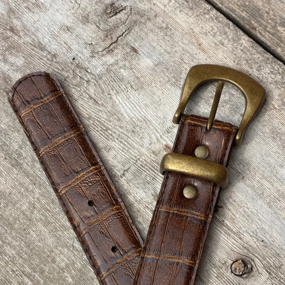 Vintage SLT Brown Alligator Croc Embossed Leather Belt 38 Antique Brass Buckle